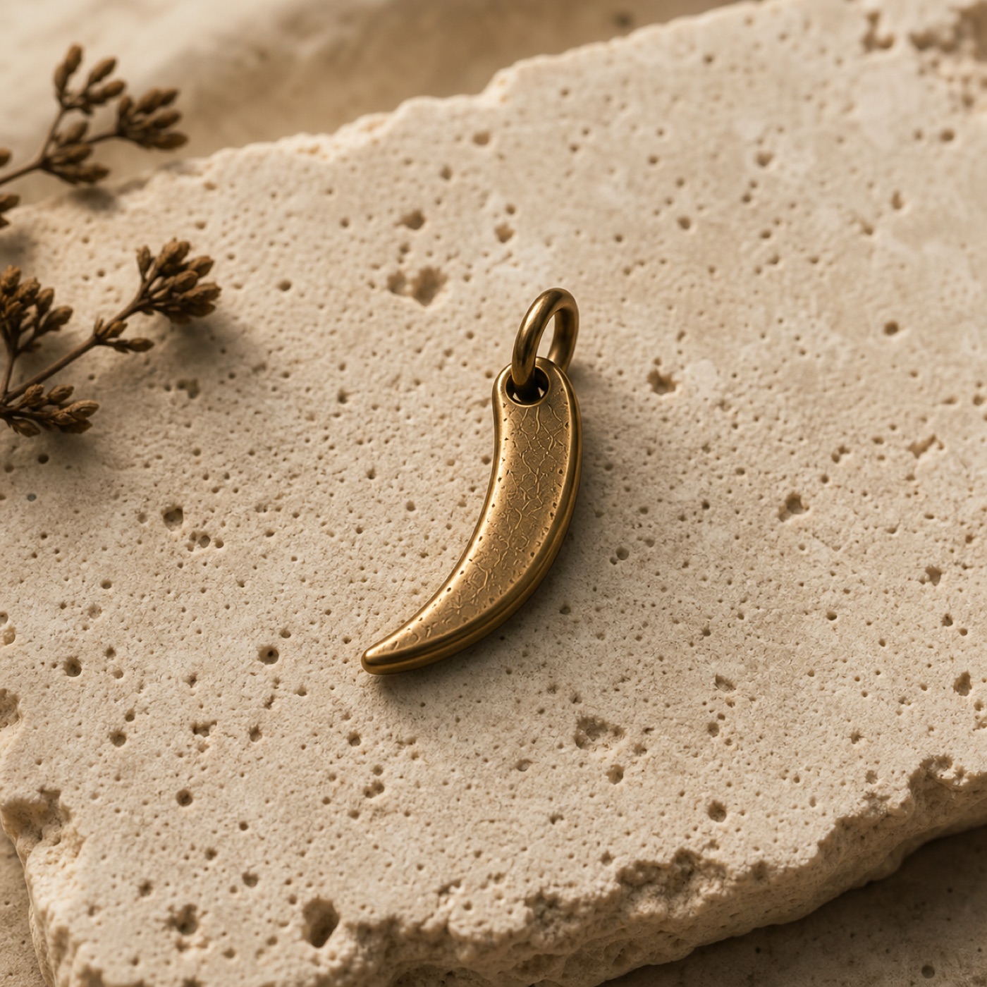 Drift Horn handmade brass pendant necklace on travertine stone by Farika Istanbul