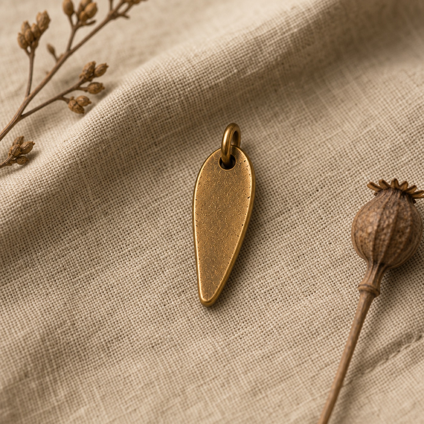 Handmade brass pendant on natural linen by Farika Istanbul