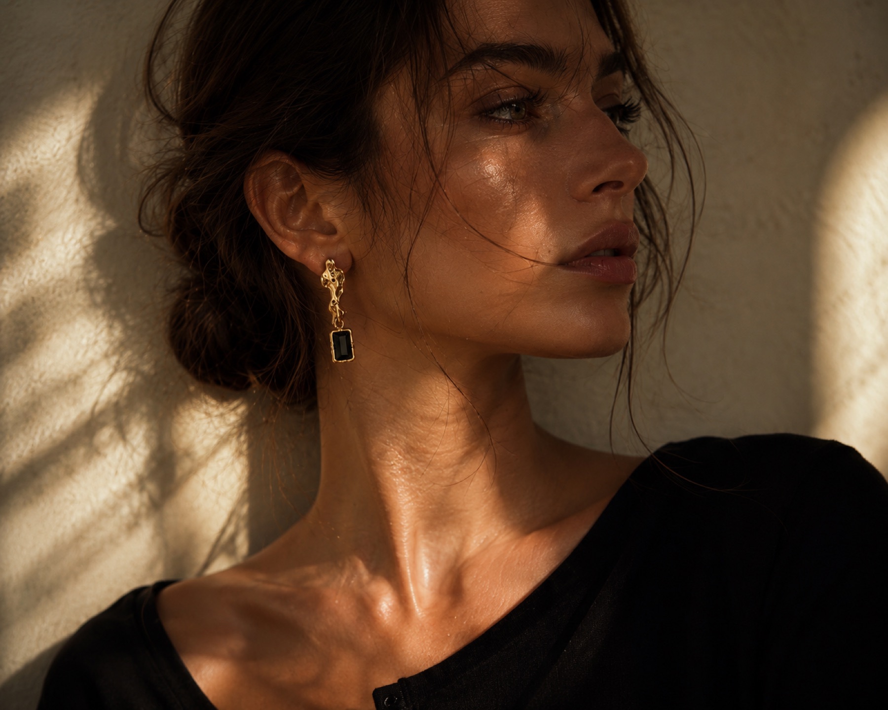 Vesper black onyx artisan earrings in warm editorial light by Farika Istanbul